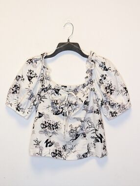 Who What Wear Linen Blend Cottagecore Puff Sleeve Peasant Tie Front Top NWOT M